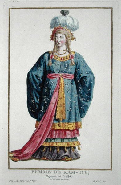 1780年に出版された「Recuil des Estampes, epresentant les Rangs and les Dignites, suivant le Costume de toutes of the ations existantes」の中のKang Tsiの妻（手彩色の彫刻）。 作： Pierre Duflos