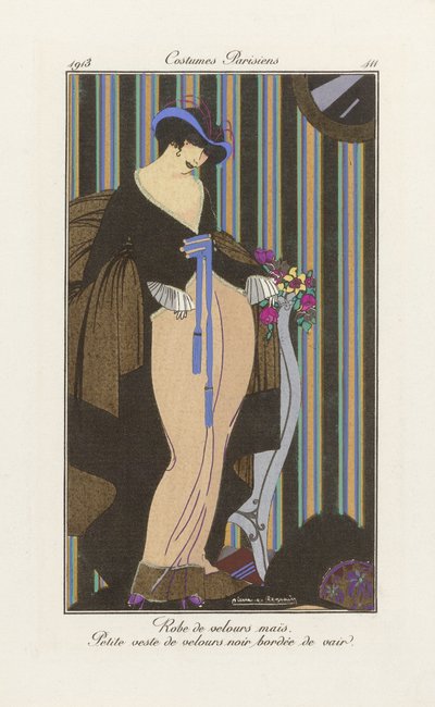 ベルベットのドレスのデザイン（Costumes Parisien, pub.1913より）（pochoir Print 作： Pierre E. Legrain