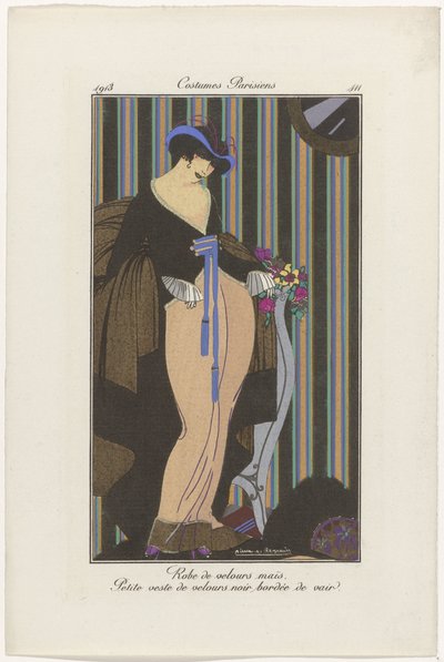 Journal of Ladies and Fashions: ファッション イラストレーター Journal of Ladies and Fashion: ファッションニュース Journal des Dames et des Modes、パリの衣装、1913年、No. 111: ベルベットのドレス (...) 作： Pierre Emile Legrain