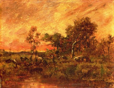 小枝採集者のある樹木が茂った風景、19世紀 作： Pierre Etienne Theodore Rousseau