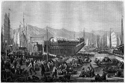 1860年、中国・上海の港にあったレストラン兼娯楽施設「ボート・デ・フルール」。エドゥアール・シャルトン編『Le Tour du Monde, Nouveau journal des Voyages』（パリ）に掲載されたグランジールの版画 作： Pierre Eugene Grandsire