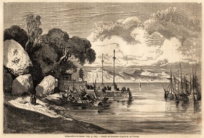 1857年から1858年にかけてのM.de Mogeの中国と日本への旅を説明するためにGrandsireが描いたマカオのバーカデール。パリの "Le tour du monde, nouveau journal des voyages "に掲載されている版画。 作： Pierre Eugene Grandsire
