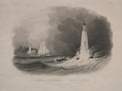 エリー湖のオハイオ州クリーブランドの灯台。 作： Pierre Eugène Aubert I