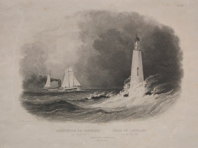 エリー湖に面したオハイオ州クリーブランドの灯台 作： Pierre Eugène I Aubert
