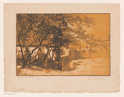 木の後ろに農場がある風景 Les Prunelliers (オブジェクトのタイトル) 作： Pierre Eugène Vibert (signed by artist)