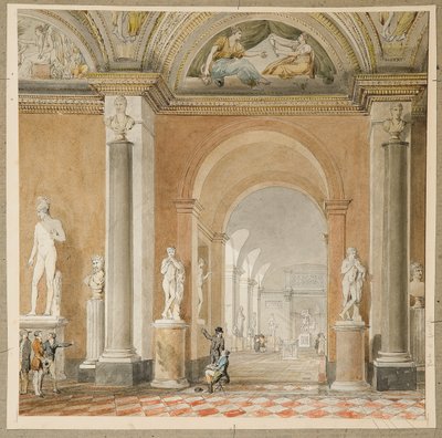 ルーヴル美術館のベルヴェデーレの古いアポロの部屋（黒いチョークと紙にw - c） 作： Pierre Francois Leonard Fontaine