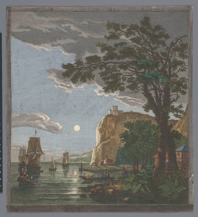 月明かりの下で船やボートが水上にある海岸の眺め La pleine lune (オブジェクトのタイトル) 作： Pierre François Basan