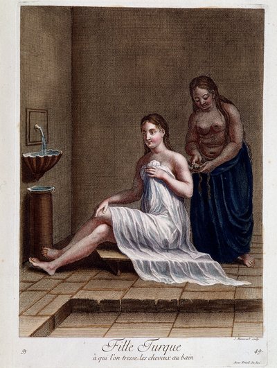 浴場で髪を編んでいるトルコの少女-1707年と1708年にレバントの様々な国を描いた100枚の版画コレクションに含まれていますが、1712年から13年にかけてM.ル・ヘイの世話によって更新されました。 作： Pierre François Basan