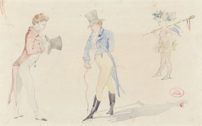 2 人のダンディが出会い、バレエの情事が描かれた軽いスケッチ シート 作： Pierre François Eugène Giraud