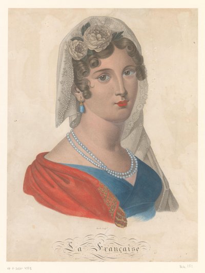 青い宝石のイヤリング、白いベール、髪にバラを飾ったフランス人女性 La Française (オブジェクトのタイトル) 作： Pierre François Isidore Dècle