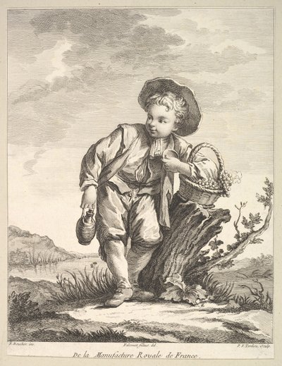 ブドウのかごを持った小さな男の子、1757 年以降、ポーの後の図表第 2 巻より。 作： Pierre François Tardieu