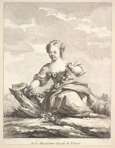 花の花輪を持っている少女、1757 年以降のセカンドブックオブフィギュアズ. 作： Pierre François Tardieu
