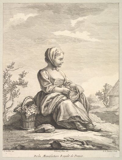 1757 年以降の『Deuxième Livre de...』より、かごをそばに置いてブドウを持っている少女。 作： Pierre François Tardieu