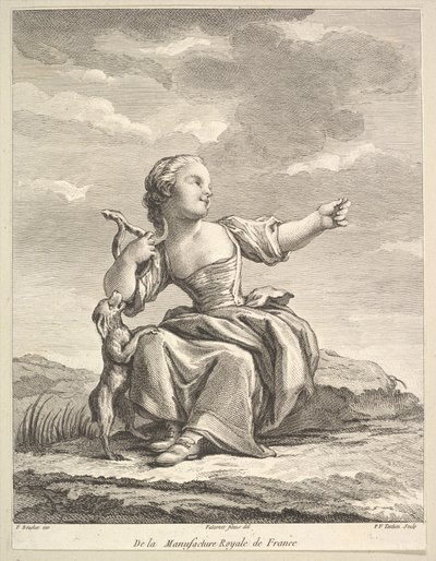 1757年以降、磁器の後のセカンドブックオブフィギュアズから、犬と遊ぶ少女。 作： Pierre François Tardieu