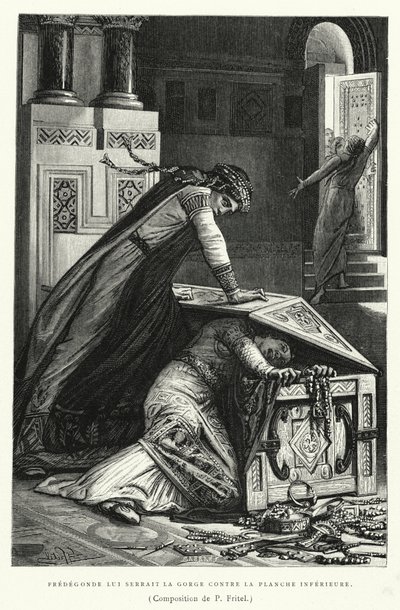 フレデゴンドは下の板に喉を締め付ける（彫刻 作： Pierre Fritel
