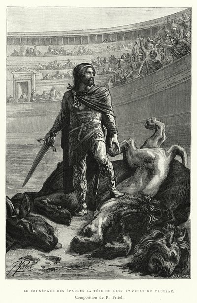 The King Separe Des Epaules La Tete Du Lion Et celle Du Taureau (e.g. engraving) 作： Pierre Fritel