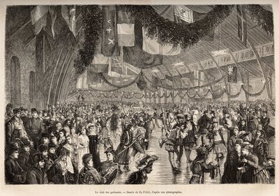 モントリオール・スケーターズ・クラブ、コスチューム・スケーティング・イブニングのためのミーティングにて、1873年にH.De Lamotteが行ったカナダとRiviere Rouge du nordへのエクスカーションを描いたP.Fritelの絵の後に彫られたもので、1875年にEdoが編集した「Le tour du monde」に掲載されている。 作： Pierre Fritel