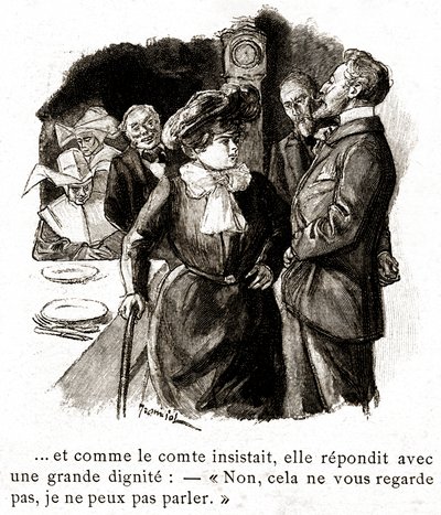 「ブール・ド・スイフ」：伯爵への返事を拒むエリザベート・ルセ、20世紀初頭（イラスト）。 作： ピエール・ジョルジュ・ジャンニオ