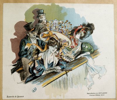 ピエールジョルジュジャンニオによる水彩画劇場でのエレガントなカップル 作： Pierre Georges Jeanniot