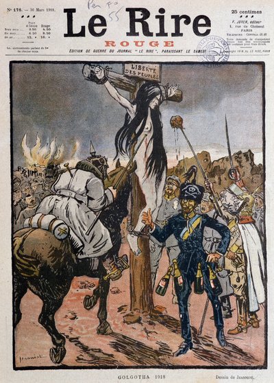 磔にされた人民の自由（"Golgotha 1918"）-Jeanniot作、1918年3月30日の "Le Lire Rouge "に掲載された（彫刻）。 作： Pierre Georges Jeanniot