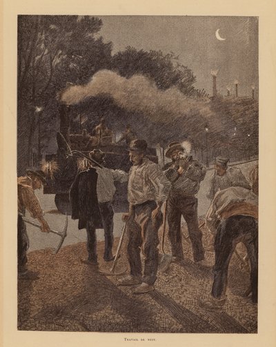 夜のパリの道路工事（カラーリトグラフ） 作： Pierre Georges Jeanniot
