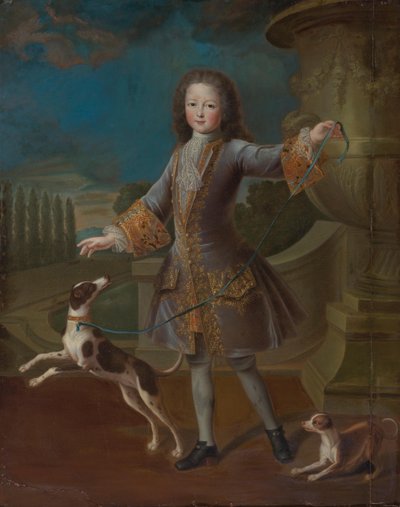 フランスのルイ15世（1710-1774）2匹の犬と（キャンバスに油彩） 作： Pierre Gobert