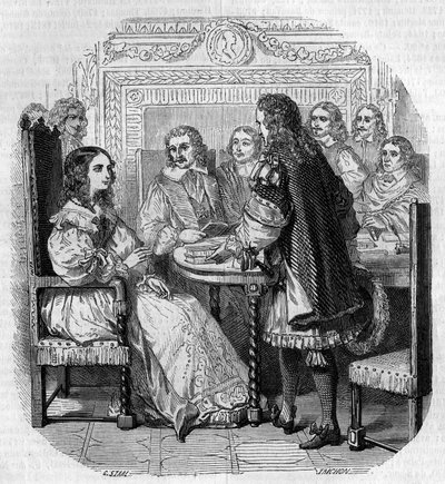 リシュリュー枢機卿が見守る中、クリスティーヌ王妃（1626-1689）がパリのアカデミー・フランセーズを訪れた際の写真。 作： Pierre Gustave Eugene Staal