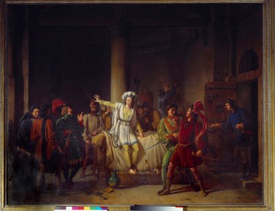 百年戦争：「ルーアンの牢獄でのジョアン・オブ・アルク（1412-1431）」 1431年、異端の罪に問われたジョアン・オブ・アルクは、ルーアンにあるフィリップ・オーギュストの城の地下牢に幽閉された。ピエール・アンリ・ルヴォワ（1776-1842）による絵画 19世紀 ルーアン美術館（Musee des b 作： Pierre Henri Revoil