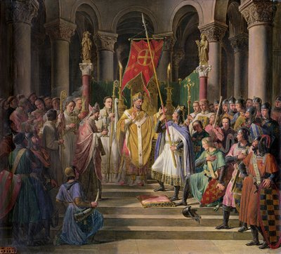 フィリップ・アウグストゥス（1165-1223）1841年6月24日、聖デニスで旗を取ったフランス国王 作： Pierre Henri Revoil