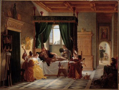 バイヤードの復興 バイヤードの領主である騎士ピエール・テライユ（1476-1524）が、ブレシアの包囲戦の後、隠遁生活を送っている様子です。ピエール・アンリ・ルヴォイユ（1776-1842）による絵画 19世紀 日1,35 X 1,77 m 作： Pierre Henri Revoil
