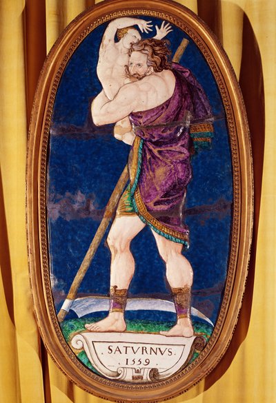1559年、ヌイイ、マドリード城から土星を描いたプラーク（エナメル塗装） 作： Pierre I Courteys