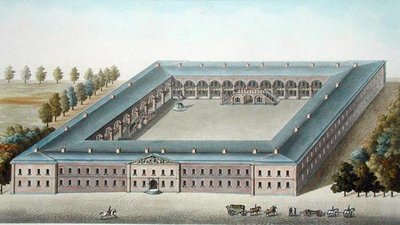 イーペルの歩兵隊兵舎、ピエール・ジャック・ゲッヘッビュール作「Choix des Monuments, Edifices et Maisons les plus remarquables du Royaume des Pays-Bas」より、彫刻：W. Lobry（b.1774）、出版：1827年（アクアチント）。 作： Pierre Jacques (after) Goetghebuer