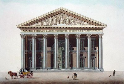 ゲントのアカデミック宮殿、ピエール・ジャック・ゲッヘッビュール作「Choix des Monuments, Edifices et Maisons les plus remarquables du Royaume des Pays-Bas」より、L. Roelandt作、1827年発行（アクアチント）。 作： Pierre Jacques (after) Goetghebuer