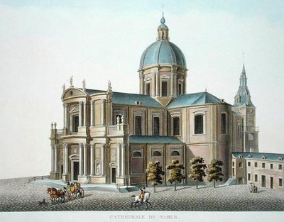 ナミュールの大聖堂、ピエール・ジャック・ゲッヘッビュール作「Choix des Monuments, Edifices et Maisons les plus remarquables du Royaume des Pays-Bas」（1827年発行）より（アクアチント）。 作： ピエール・ジャック・ゲブエル