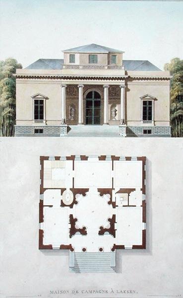 1827年に出版されたピエール・ジャック・ゴエッヘビュールの「Choix des Monuments, Edifices et Maisons les plus remarquables du Royaume des Pays-Bas」より、Laekenのカントリーハウス（アクアチント） 作： ピエール・ジャック・ゲブエル