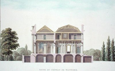 ピエール・ジャック・ゴエッヘビュールが1827年に出版した「Choix des Monuments, Edifices et Maisons les plus remarquables du Royaume des Pays-Bas」より、ベルギー、ウーデナルデ近郊のワナゲム城の断面図（アクアチント）（186077も参照のこと）。 作： ピエール・ジャック・ゲブエル