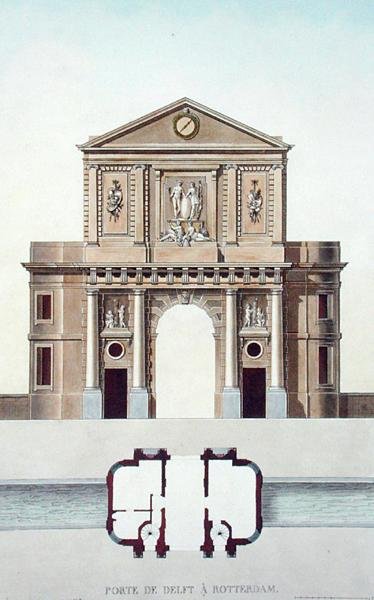 デルフト、ロッテルダムのゲートウェイ（1827年に出版されたピエール・ジャック・ゴエッヘビュールの「Choix des Monuments, Edifices et Maisons les plus remarquables du Royaume des Pays-Bas」より）（アクアチント 作： ピエール・ジャック・ゲブエル