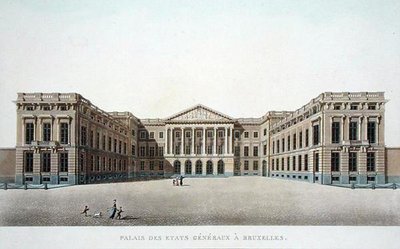 ブリュッセルのエステイト・ジェネラル宮殿、ピエール・ジャック・ゲッヘッビュール著「Choix des Monuments, Edifices et Maisons les plus remarquables du Royaume des Pays-Bas」（1827年刊）より（アクアチント）。 作： ピエール・ジャック・ゲブエル