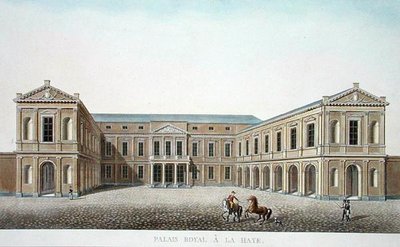 ハーグのパレ・ロワイヤル、1827年に出版されたピエール・ジャック・ゲトゲトビュールの「Choix des Monuments, Edifices et Maisons les plus remarquables du Royaume des Pays-Bas」より（アクアチント） 作： ピエール・ジャック・ゲブエル