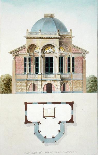 アントワープ近郊のヒンゲンのパビリオン、ピエール・ジャック・ゲッヘッビュール作「Choix des Monuments, Edifices et Maisons les plus remarquables du Royaume des Pays-Bas」（1827年発行）より（アクアチント）（186053も参照 作： ピエール・ジャック・ゲブエル