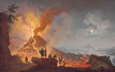 フォアグラウンドで観客が前景にいるアトリオデルカヴァッロから見た夜に噴火するベスビオ山、街並みとナポリ湾のパノラマビュー 作： Pierre Jacques Volaire
