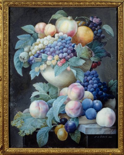 カップに入ったブドウの実ピエール・ジョセフ・ルドゥーテ（1759-1840）の絵画 作： Pierre Joseph Redouté