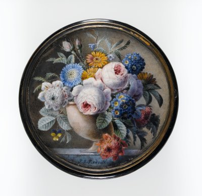 大理石のスラブの石の花瓶に花のミニチュアが入った亀の甲羅の箱、1827年（カードのトイレとボディカラー、金色の金属のマウントのガラスの下にセット） 作： Pierre Joseph Redouté