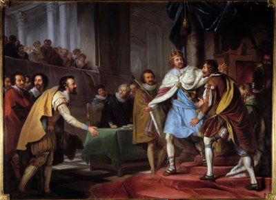 1603年、サリー公マクシミリアン・オブ・ベスーン（1560-1641）のジェームズ1世スチュアート王への大使館 フランス王アンリ4世の大使が、新しいイングランド王と交渉するためにやってきて、1603年9月9日にハンプトン・コートに呼ばれた。絵画：ピエール・ラクール（1747 作： Pierre Lacour