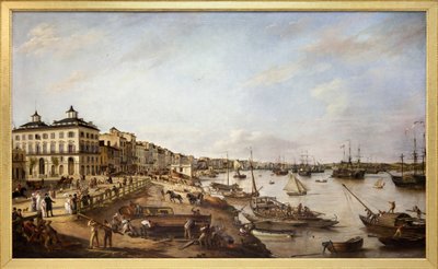 シャルトロンとバカランとして知られる、港の一部とボルドーのドックの眺め、1804年にピエールラクールペレによって作られたキャンバスの油絵 作： Pierre Lacour