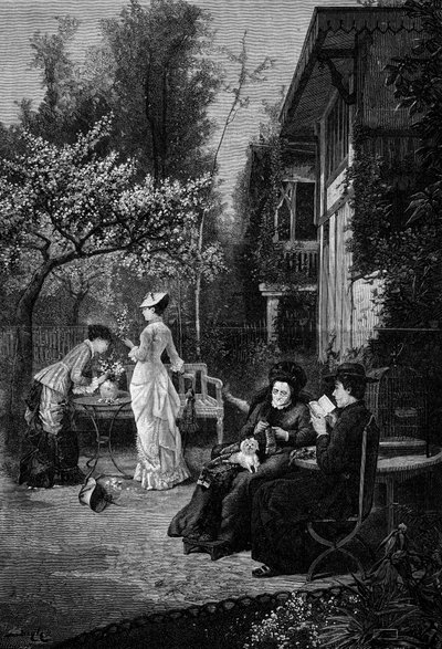 桃の花（19世紀）。ピエール・ベイユ（1838-1902）の絵画に基づくエングレーヴィング。3月12日付「The Illustrous World」1250号に掲載。 作： Pierre Marie Beyle