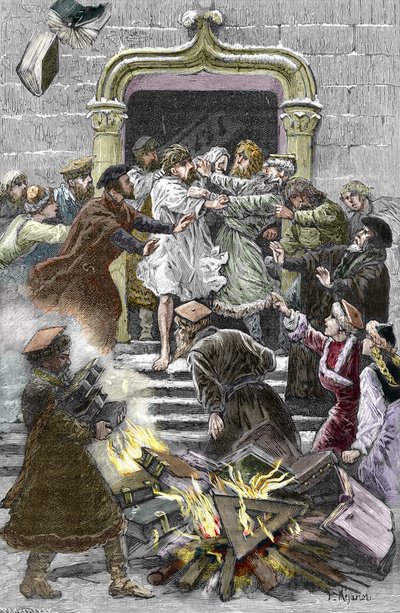 Socinianismi ja pieni puolalainen kirkko: Krakovan asukkaat polttavat Faustus Socinuksen (Faust Socin tai Fausto Sozzini) (1539-1604) teoksia julkisella aukiolla pakottaen hänet osallistumaan autodafeen vuonna 1598 (sosiinilaisuus ja puolalaiset veljet: 作： Pierre Mejanel