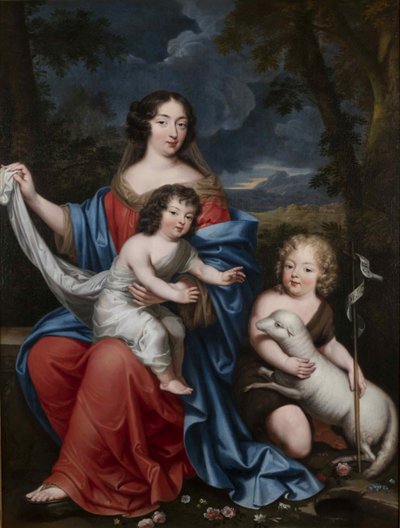 17世紀、ルイ14世の自然の子供たちと一緒にマダムドメンテノン1635〜1719年の肖像画。 作： Pierre Mignard