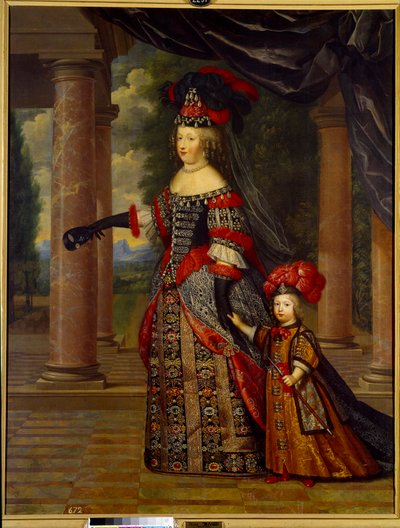 フランス王妃マリー・テレーズ・オブ・オーストリア（1638 - 1683）と偉大なるイルカの肖像。ピエール・ミニャール（1612-1695）による絵画 作： Pierre Mignard