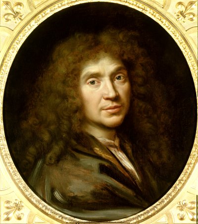 モリエール（1622-1673）の肖像 ジャン・バティスト・ポケリンキャンバスに油彩。薄さ：0.55 x 0.48。ピエール・ミニャール（1612-1695）による1658年頃の絵画。シャンティ。Musee Conde.- モリエール（1622-1673）の肖像 ジャン・バティスト・ポケリン。油彩・キャンバス。0.55 x 0.48.画家 作： Pierre Mignard
